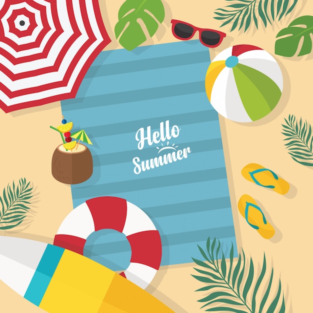 Vector in summer holiday, beach background with palm leaf, umbrellas, balls, swim ring