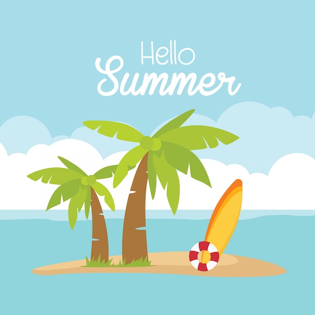 В летние каникулы открытка, доска для серфинга, шар, пальма, пляж