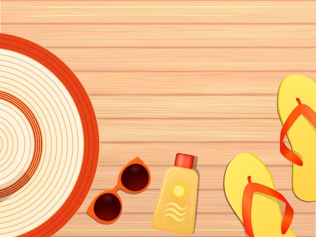 夏の休日のコンセプト帽子サングラス日焼け止めフリップフロップ木製の背景上面図