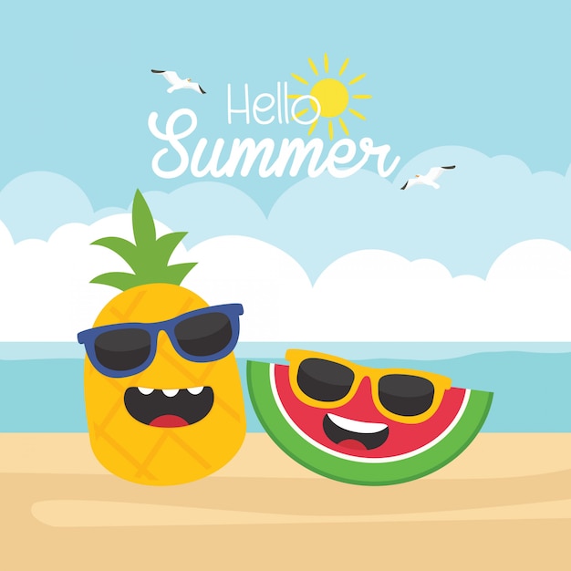 In summer holiday, cute tropical fruits on the beach in summer holidays concept