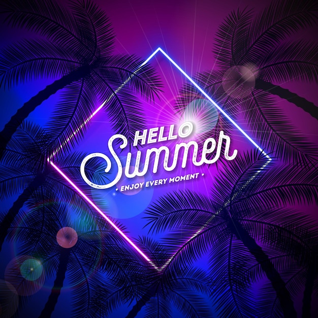 Дизайн летних каникул со светящимся неоновым светом на фоне пальмы