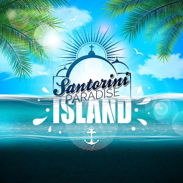 黒砂のビーチでサントリーニ島パラダイス島のタイポグラフィレタリングと夏の休日のデザイン