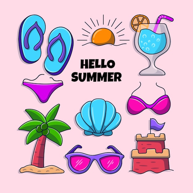 Vector summer holiday doodle illustration with colored hand drawn style