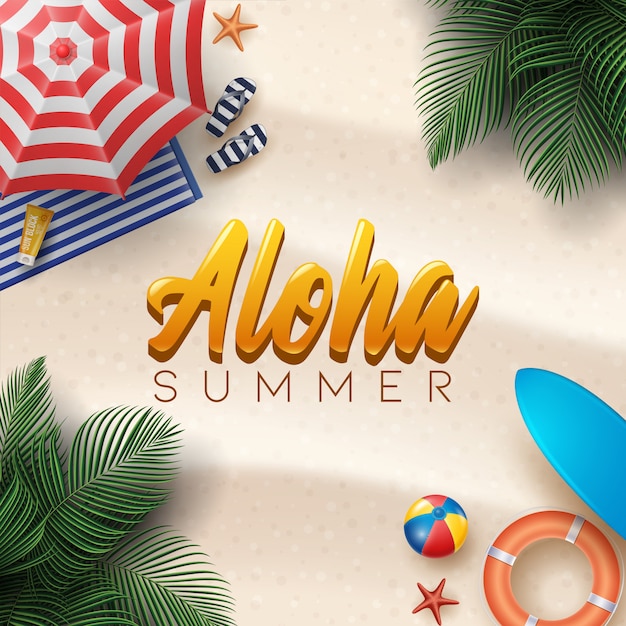 Illustrazione di vacanza estiva con beach ball, foglie di palma, tavola da surf e tipografia lettera sul fondo delle sabbie della spiaggia.
