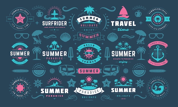 여름 휴가 라벨 및 배지 디자인 세트 포스터 및 티셔츠의 레트로 타이포그래피