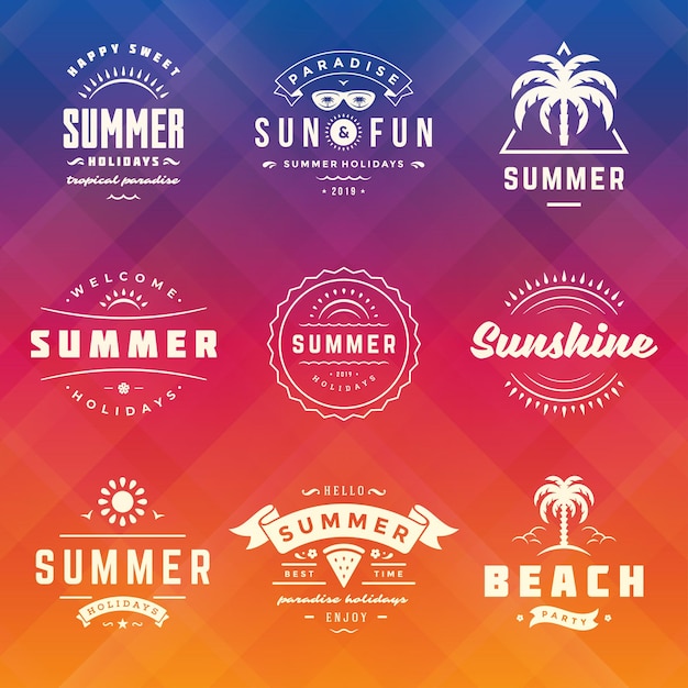 Vector summer holiday labels and badges retro design set. templates for greeting cards, posters and apparel design. beach vacation logos with palm trees and sun icons vector illustrations.