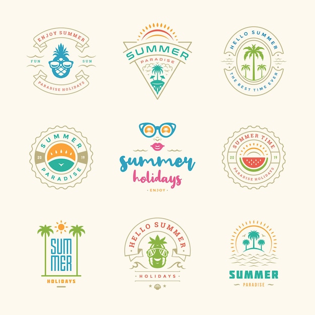 Summer holiday labels and badges retro design set. Templates for greeting cards, posters and apparel design. Beach vacation logos with palm trees and sun icons vector illustrations.