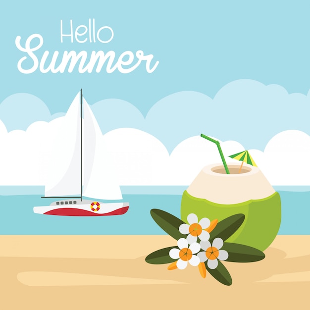 В летние каникулы райский пляж на море с яхтами и кокос с прохладительными напитками