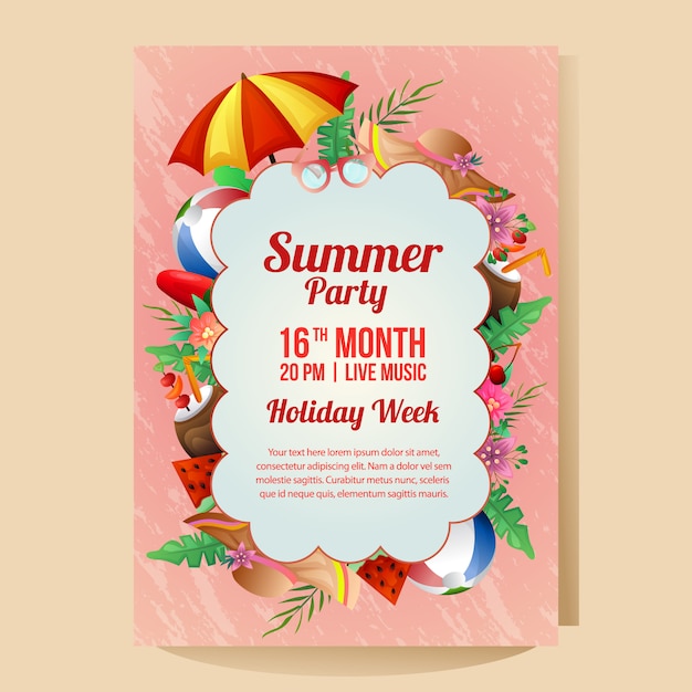 Summer holiday party poster template with umbrella beach season