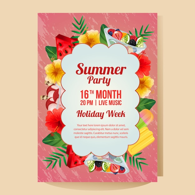 Vector summer holiday party poster with colorful object refreshment vector illustration