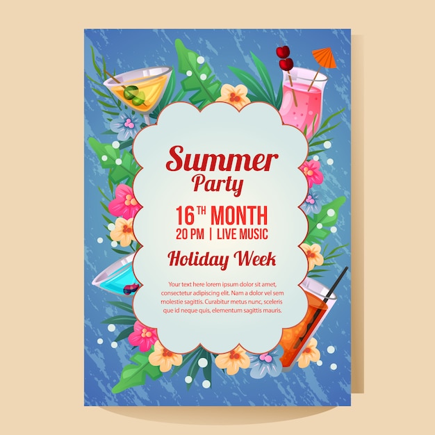 Summer holiday party poster with tropical cocktail vector illustration