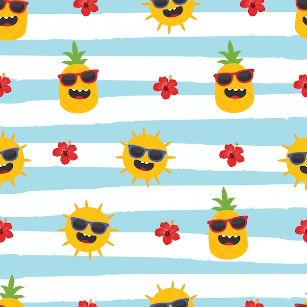 In summer holiday, pineapple, sun and hibiscus on striped background