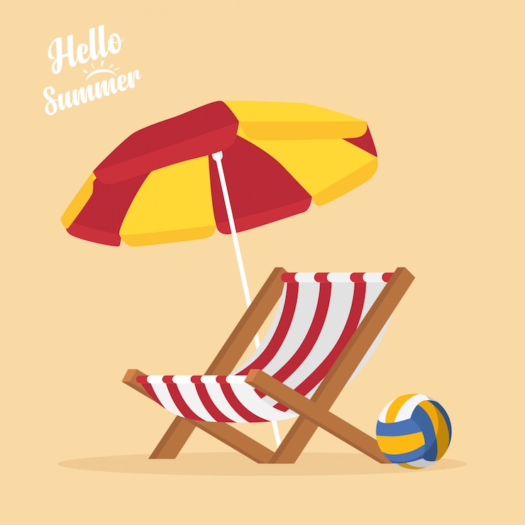 Vector in summer holiday, summer items on the beach - beach volleyball, beach chair, sun umbrella