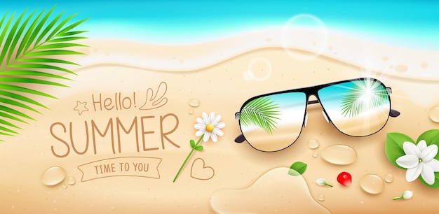 Summer holiday sunglasses water drop jasmine flower coconut leaf poster flyer on sand beach