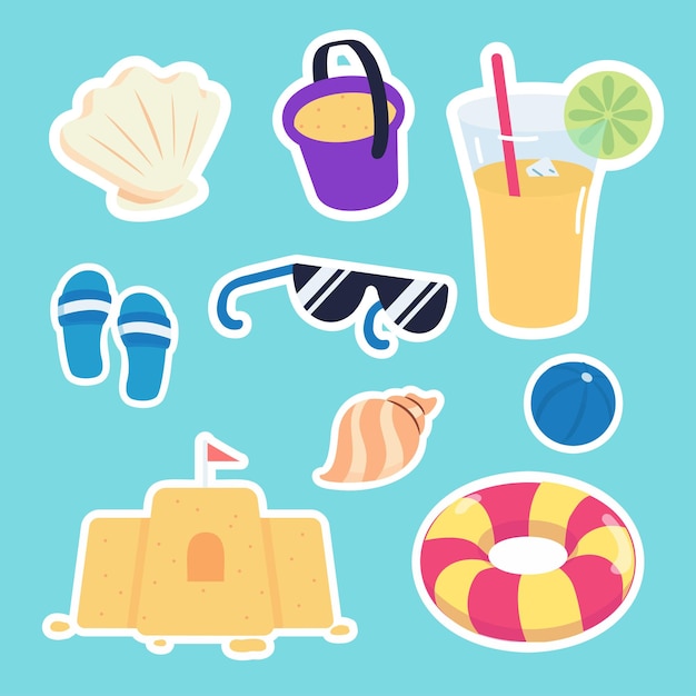 Summer holiday traveling and tourism elements colorful touristic objects like clams sand buckets cocktails sandals glasses balls sandcastles lifebuoys stickers cartoon flat vector illustration