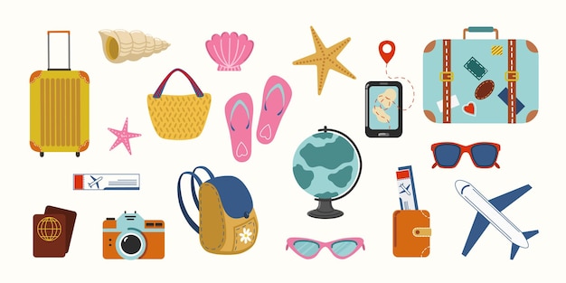 Summer holiday vacation illustrations collection flat vector tropical beach trip icons set isolated