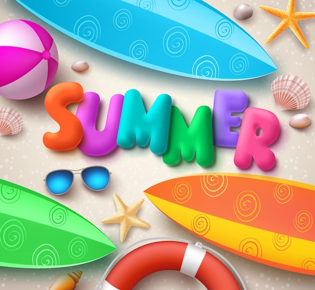 Summer holiday vector background in beach with colorful summer text surfboards and elements