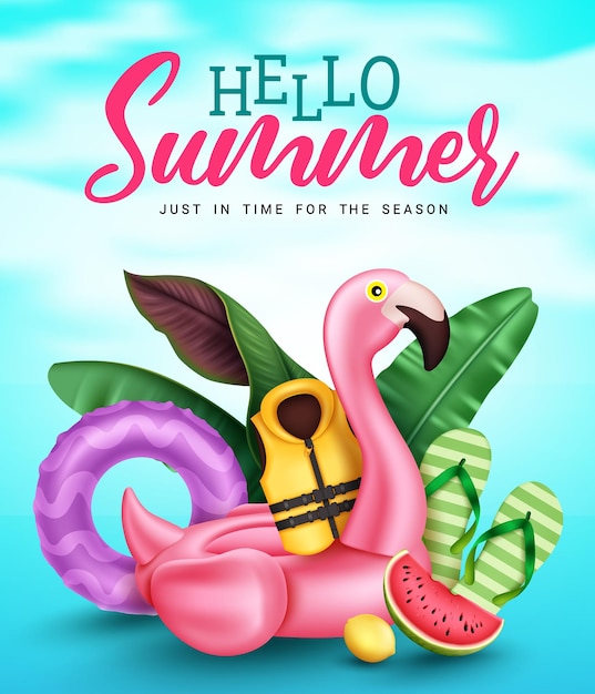 Summer holiday vector design Hello summer greeting text with flamingo floater leaves and life