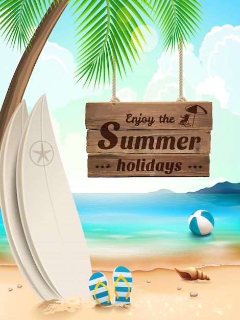 Vector summer holidays background - surfboard on against beach and waves. illustration