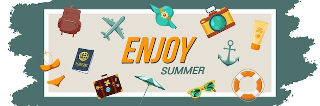 Summer holidays banner with tourist travel objects and text