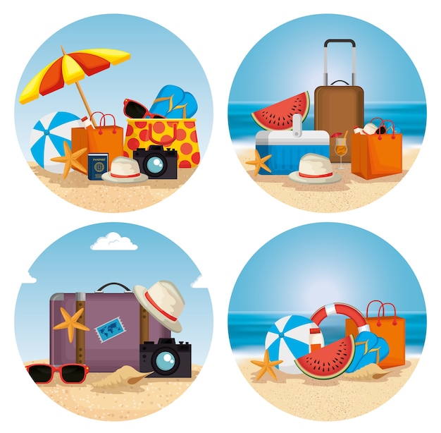 Progettazione dell'illustrazione di vettore di scena della spiaggia di vacanze estive
