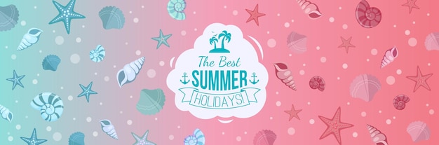 Summer holidays bright banner with sea shells and text label.