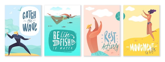 Summer holidays cards. set of four vertical posters on the theme of beach outdoor activities on white background with motivational slogans and quotes rest activity life summer