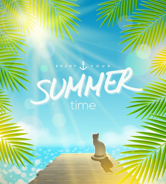Vector summer holidays   design - cat on the pier basking under ray of sun