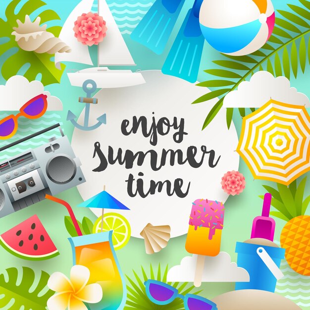 Summer holidays illustration with beach vacation things and items