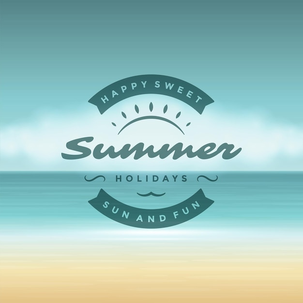 Summer holidays label or badge design for poster or greeting card vector illustration. sun icon and beach landscape background.