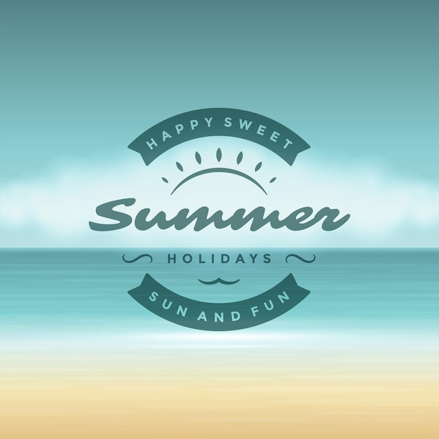 Summer holidays label or badge design for poster or greeting card vector illustration. Sun icon and beach landscape background.