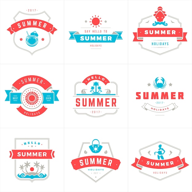 벡터 여름 휴가 레이블 및 배지 인쇄 술 벡터 디자인 포스터 인사말 카드 및 광고 빈티지 스타일에 대 한 여름 실루엣 및 아이콘