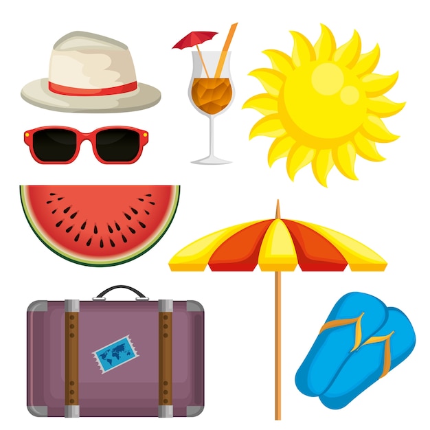 Le vacanze estive hanno fissato la progettazione dell'illustrazione di vettore delle icone
