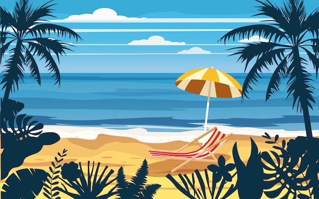 Spiaggia del mare dell'oceano del paesaggio di vista sul mare della sedia a sdraio dell'ombrello di vacanze estive di vacanza, costa, foglie di palma