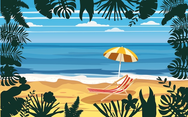 Vector summer holidays vacation umbrella beach chair seascape landscape ocean sea beach coast palm leaves