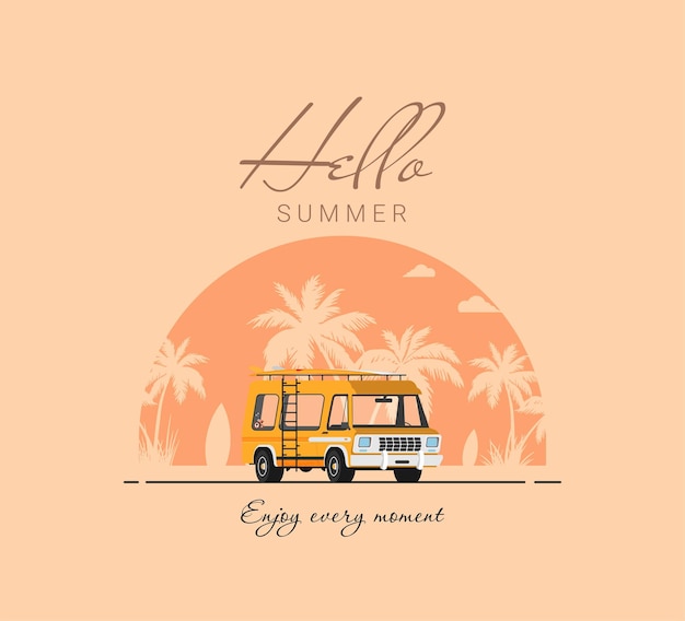 Summer holidays vector illustrationflat design beach with car and surf