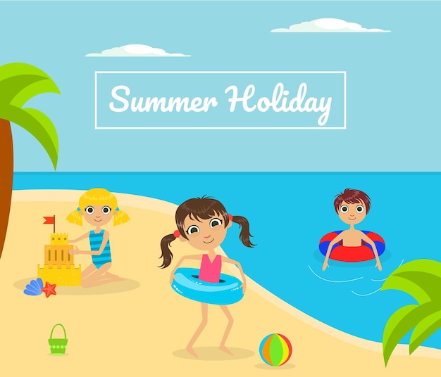 Summer Holliday Banner Template met schattige kinderen die spelen op tropisch strand Vector Illustratie Web Design