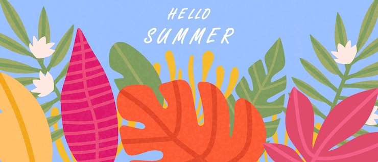 Vector 夏の横の抽象的な背景には色とりどりの熱帯の葉が手で描かれています