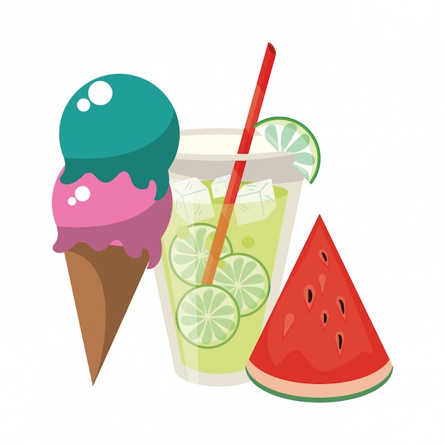 Summer ice cream juice and watermelon fruit cartoon