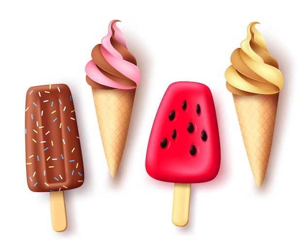 Summer ice cream and popsicle vector set Tropical refreshment food collection