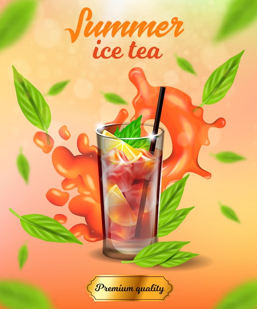 Vettore summer ice tea banner, bevanda fredda di qualità premium