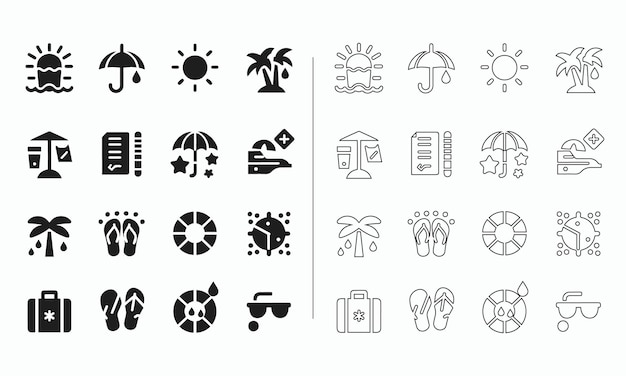 Summer icon set in fill and outline style