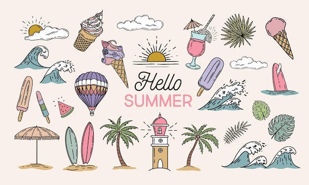 Vector summer icon set, hand drawn illustration.