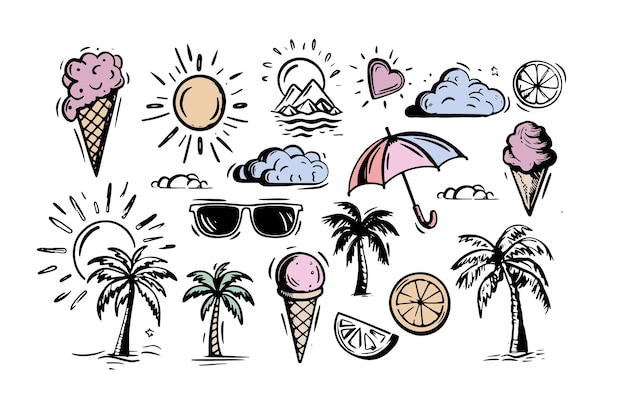 Vector summer icon set hand drawn illustrations