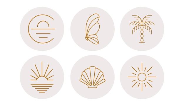 Icone estive raffiguranti il sole dell'alba e i fiori nei circoli illustrazione vettoriale set di icone ed emblemi per le copertine delle notizie sui social media modelli di design per uno studio di yoga e un blogger astrologo