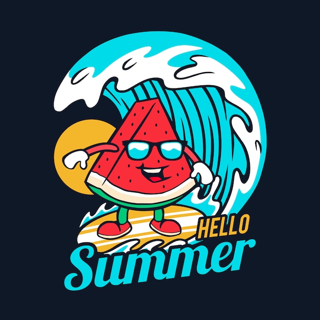 Summer illustration watermelon surfing with sunglasses