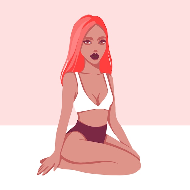 Vector summer  illustration with beautiful girl. flat style.