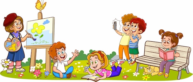 Summer illustration with playing kids