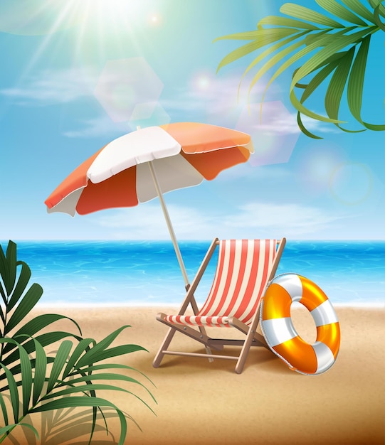 Illustrazione estiva con lettino con ombrellone e anello gonfiabile sulla sabbia con raggi di sole e foglie tropicali e onde dell'oceano