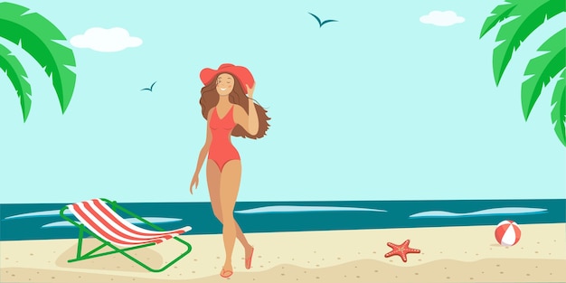 Vector summer illustration of woman in swimsuit and hat on the sea beach